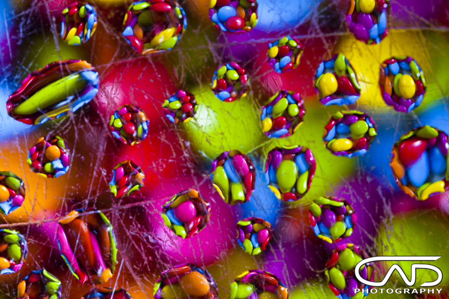 Photograph of colourful smarties using macro photography and physical layering.