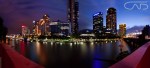 Wide angle photograph, at sunset at South Bank on the Yarra River looking at Eureka Tower and Crown Casino at Melbourne, Victoria, Australia
