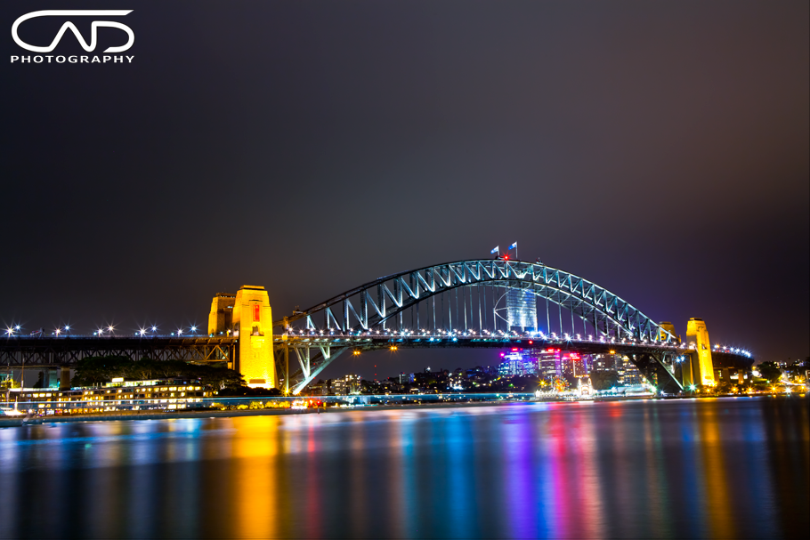 Sydney Harbour Bridge on a stormy cloudy night with some great water and cloud reflections!